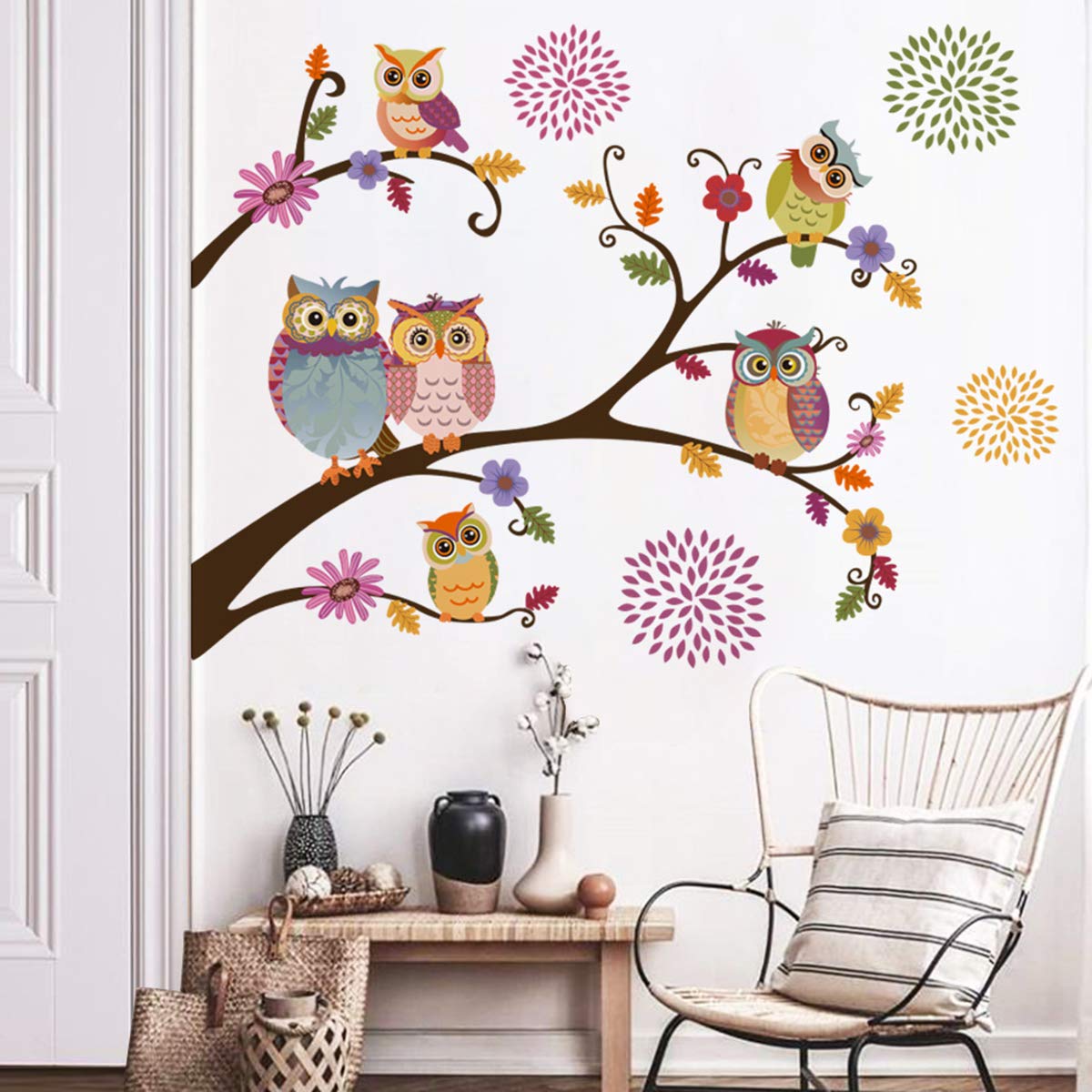 decalmile Colorful Owl Wall Stickers Animals on Tree Branch Wall Decals Baby Nursery Kids Bedroom Wall Decor