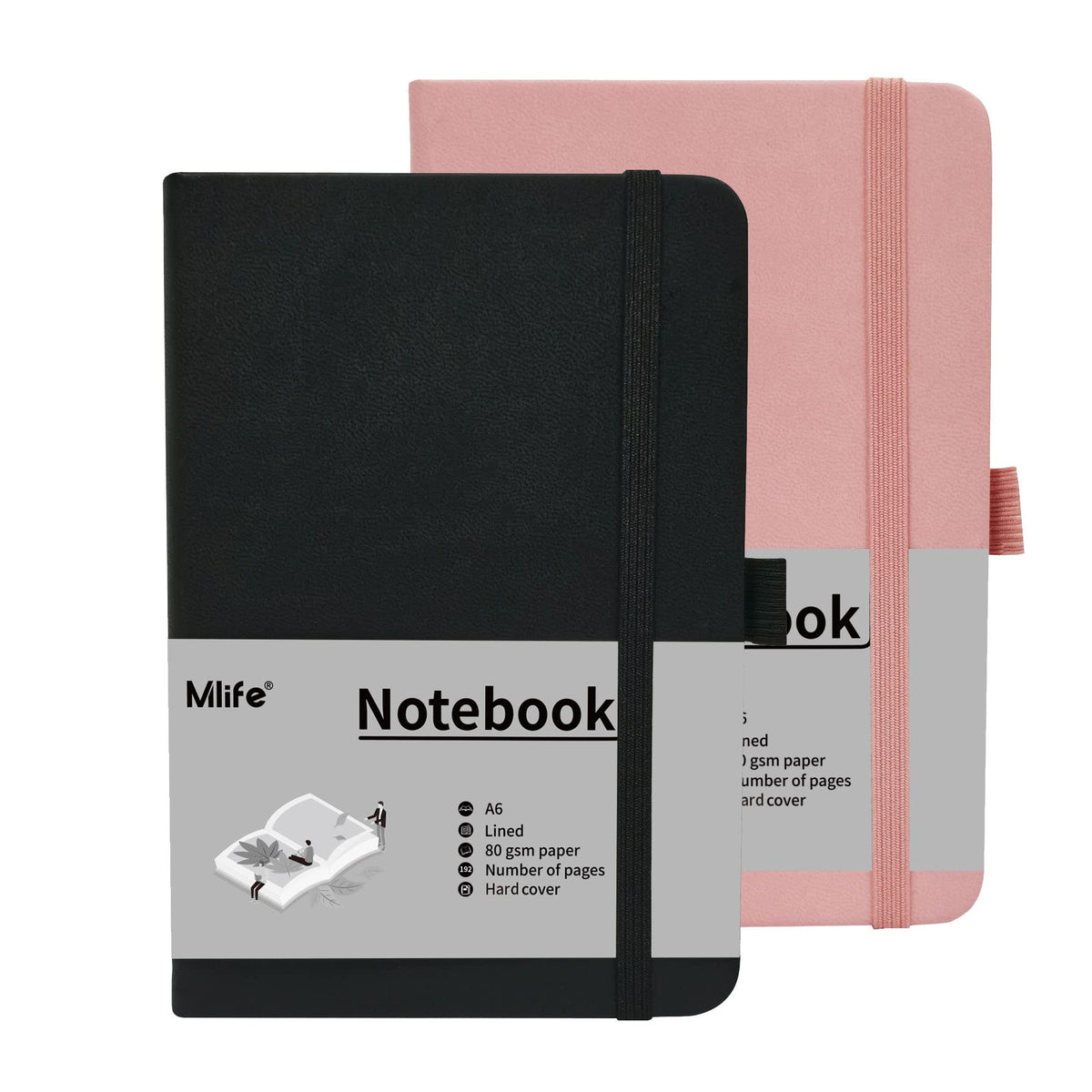 Mlife A6 Small Journal Notebook, Lined Pocket Notebook with Pen Holder, Hardback, 192 Pages, 3.9 inches * 5.5 inches - for Women and Men (Black and Pink)