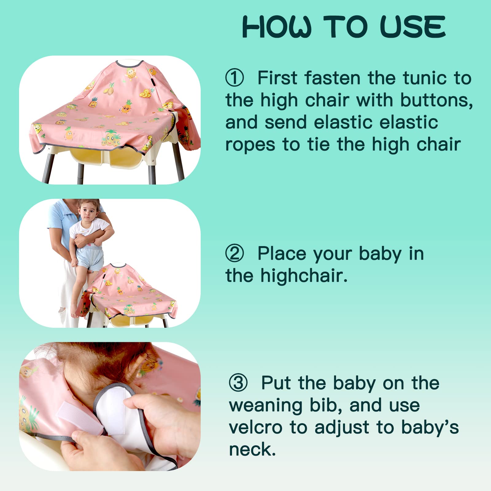 PewinGo Weaning Bib Attaches and Fully Cover to Baby Highchair, Long Sleeves Bib with Waterproof, Machine Washable & Comfortable,Easy to Clean, Suitable for BLW 6 Month to 3 Years Old-Pink