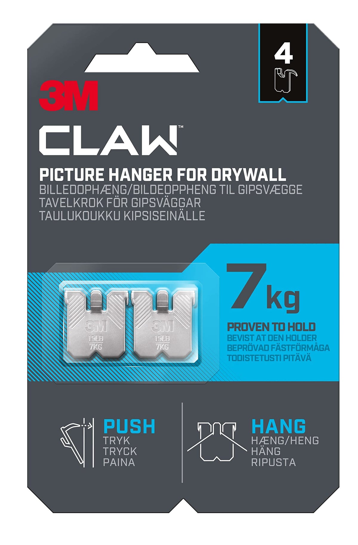 3M Claw Plasterboard Picture Hanging Wall Hooks For Hanging Home Décor, 4 Hangers, Holds up to 7 kg - Ideal for Heavyweight Items