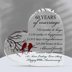 VELENTI 60th Wedding Anniversary Present for Him and Her - Diamond Anniversary Present for Couple - Unique Acrylic Heart-Shaped Keepsake for 60 Anniversary