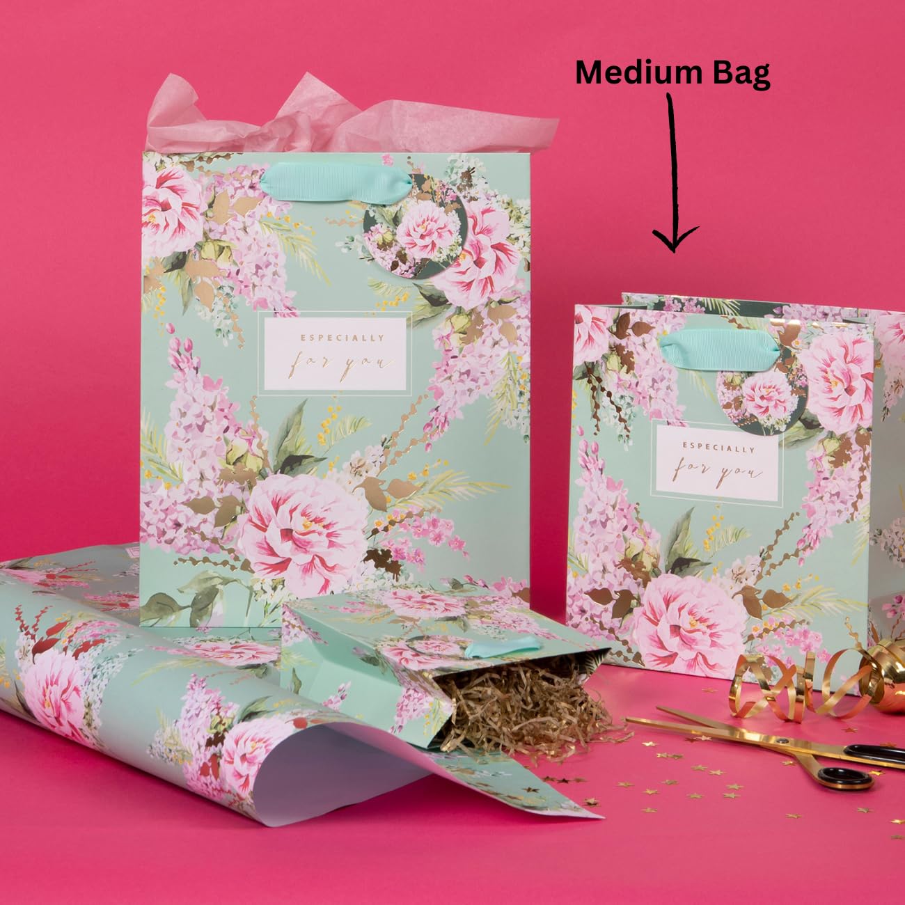 Glick Luxury Gift Bag, Mint Green and Pink Floral Medium Celebration Wedding Birthday Stephanie Dyment Wrap Multi-Colour, 200w x 225h x 100d mm