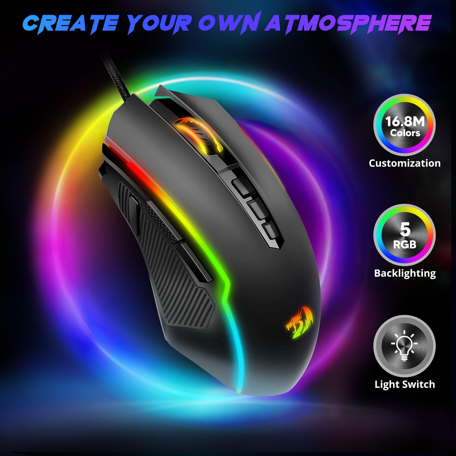 Redragon Gaming Mouse, RGB Gaming Mouse Wired with 9 Programmable Macro Buttons, Chroma RGB Backlit, 8000 DPI Adjustable, PC Gaming Mice with Fire Button for Windows/Mac, Black, M910-K