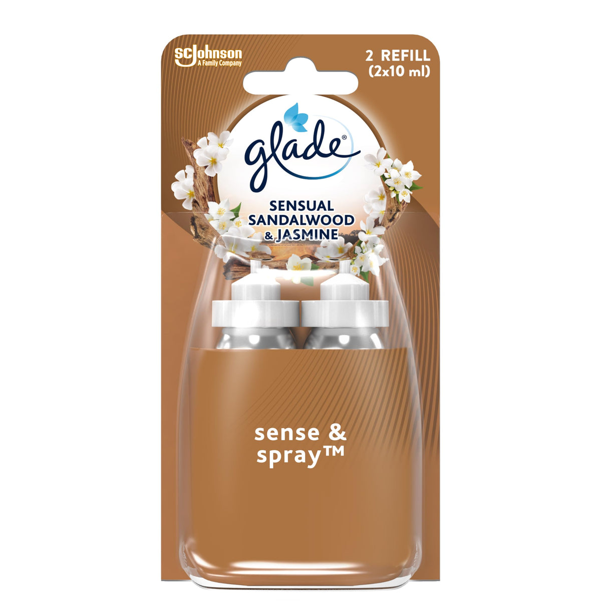 Glade Sense & Spray Air Freshener Refill, Motion Activated Automatic Room Spray and Odour Eliminator for Home, Sandalwood & Jasmine, Duo Pack (2 x 18ml)