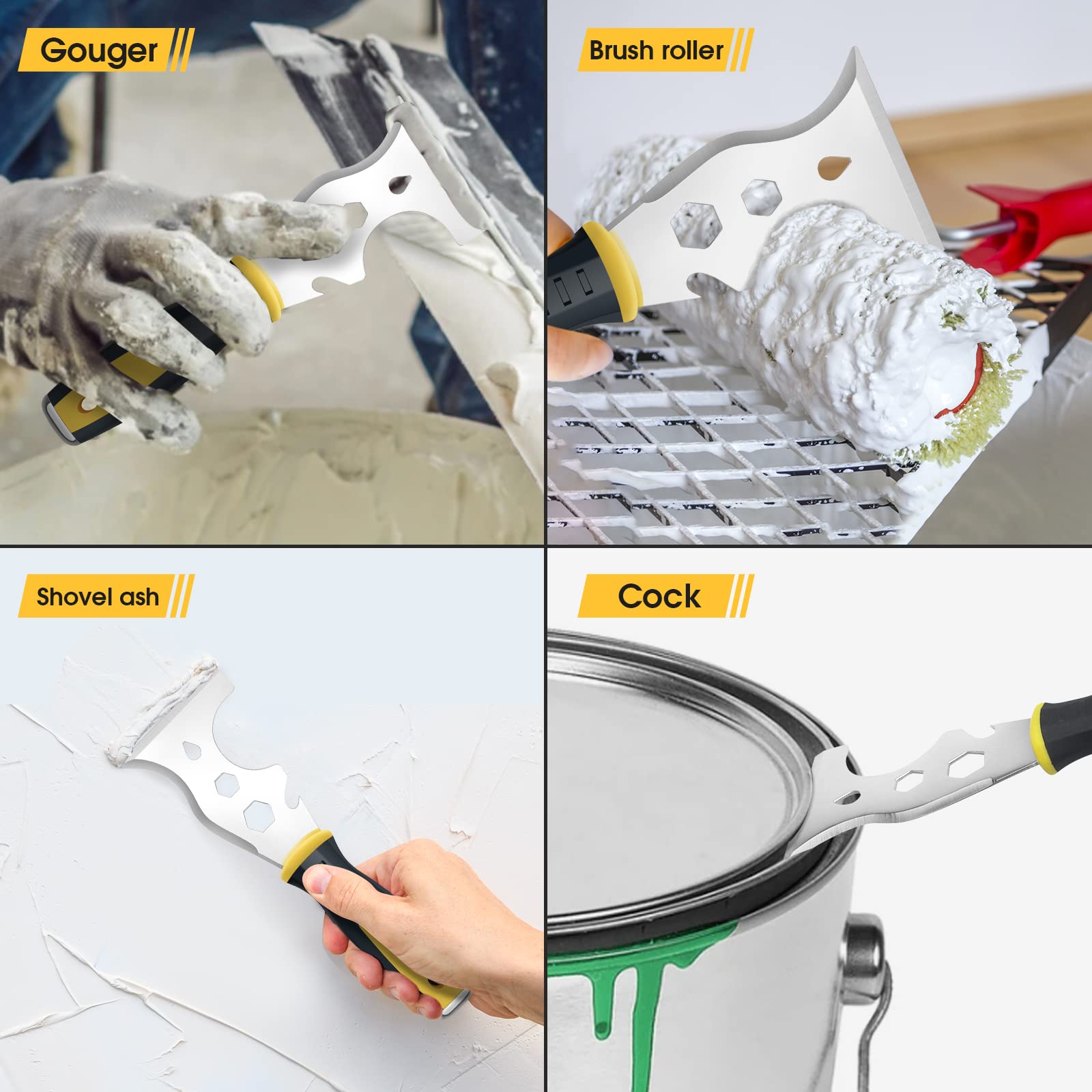 suokoun Scraper Tool, Stainless Steel 13-in-1 Painters Tool, Professional Multi Paint Stripper Tool Includes Paint Roller, Straight Scraper, Curved Scraper and More