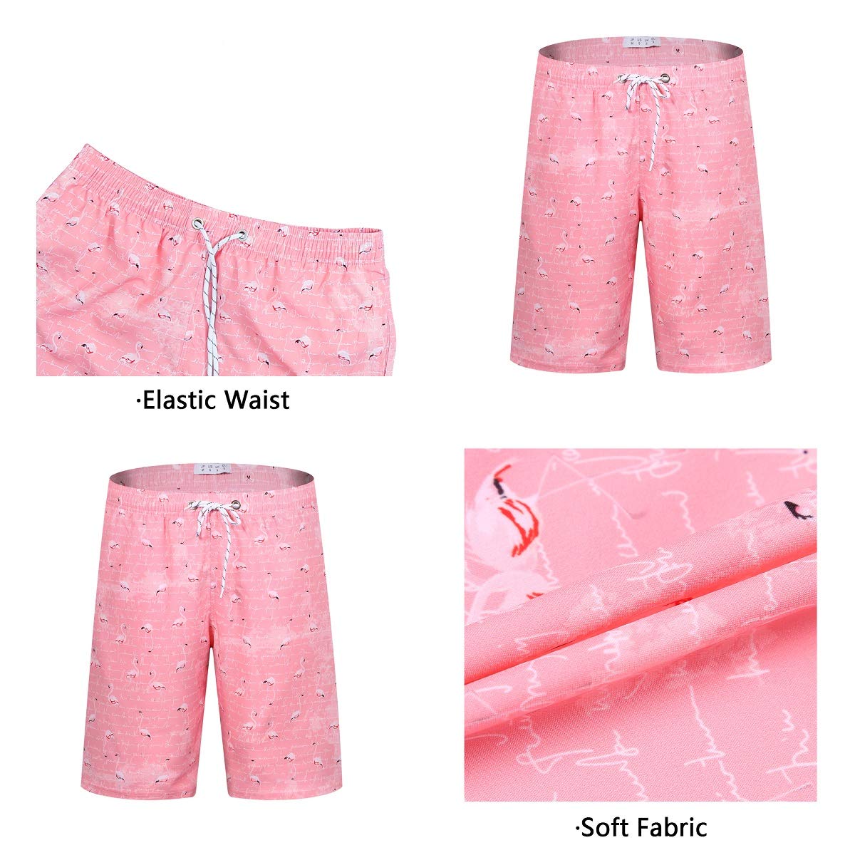 iCKER Mens Swim Shorts Swimming Trunks 3D Print Beach Shorts Boardshorts for Summer Pink Flamingo