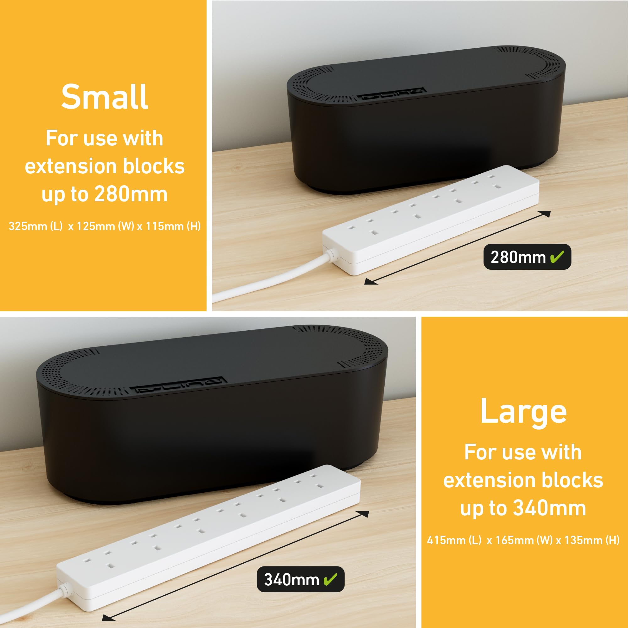 D-Line Cable Tidy Box, Hide and Conceal Extension Blocks and Electrical Cables, Fully Safety Tested Cable Management Solution, Made from Robust Electrically-Safe ABS Material - Small, Black