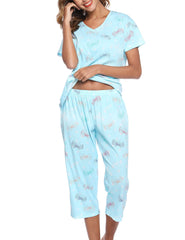 ENJOYNIGHT Womens Pyjamas Short Sleeve Top and Cropped Bottoms Pjs Set Cotton Loungewear Cute Print Nightwear (Large,Blue Flying)