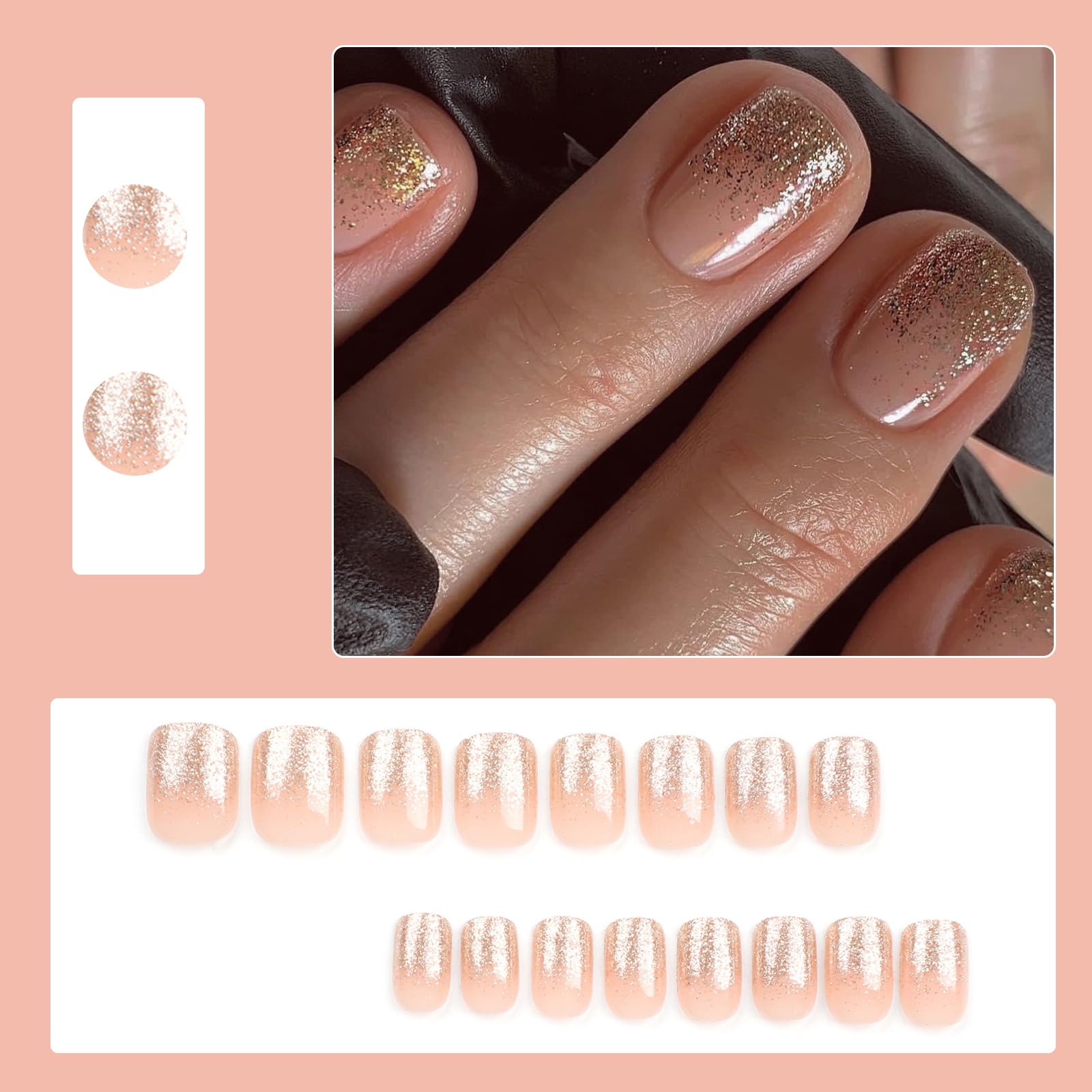 24Pcs Press on Nails Short, French Tip Gold Glitter False Nails Square Acrylic Full Cover Fake Nails, Glossy Reusable Glue on Nails, Artificial Removable Stick on Nails for Women and Girls Nail Art