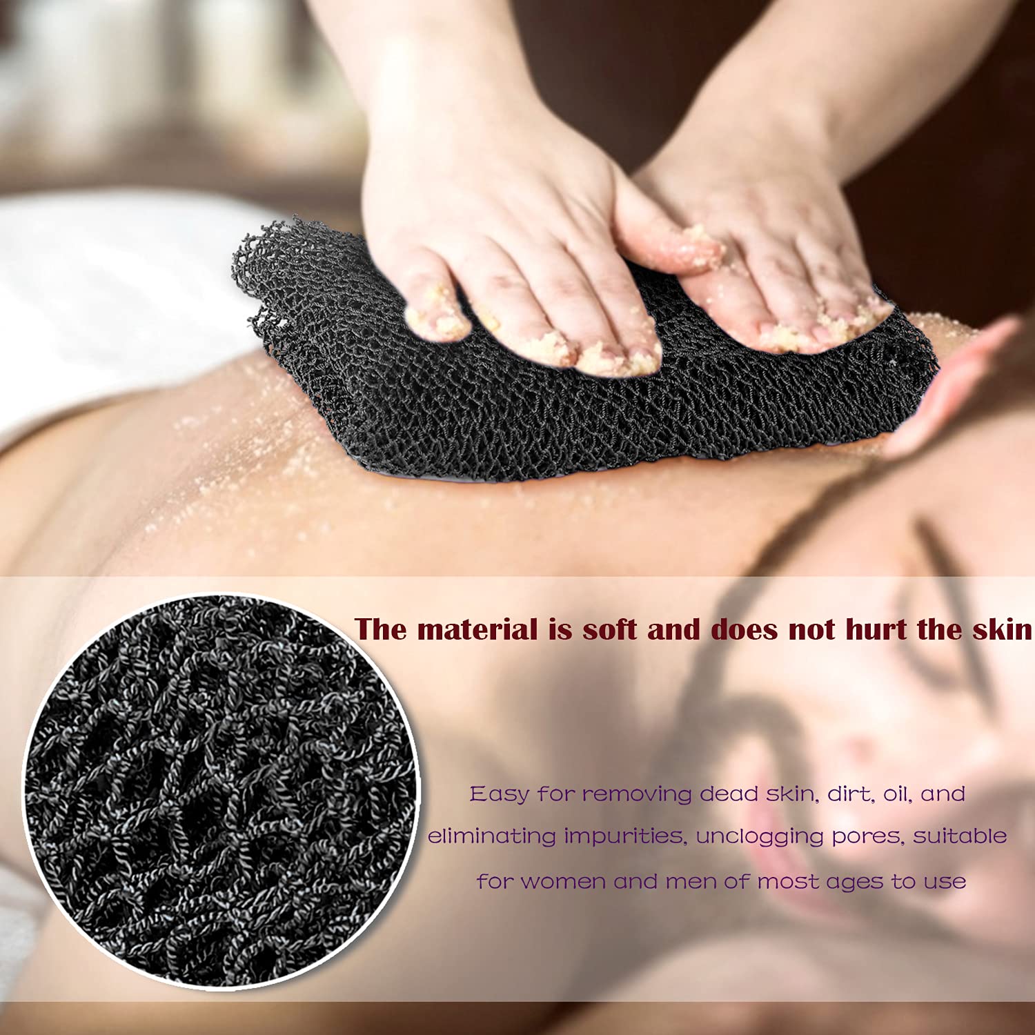 JASSINS African Net Long Bath Net Sponge, Bathing Body Exfoliating Shower Body Back Scrubber Skin Smoother,Stretch Length to 66 INCH (Black)