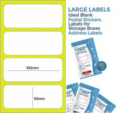 Large Labels for Storage Boxes, Self Adhesive Address Labels. 100x50mm. Postage Stickers. 100 X Plain White, Sticky Labels. Blank Postal Stickers. Large Freezer Labels