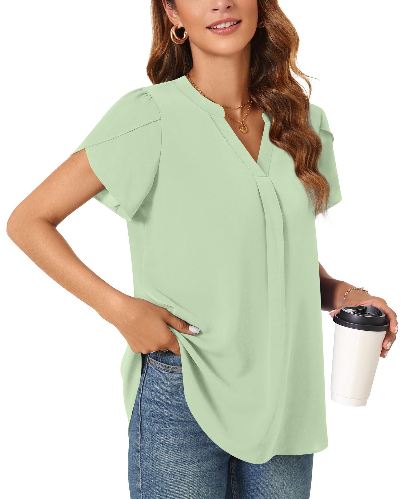 Aodemo Women's Summer Chiffon V Neck Blouses Tulip Short Sleeves Dressy Tunic Office Tops Casual Loose T-Shirts L, Matcha Green