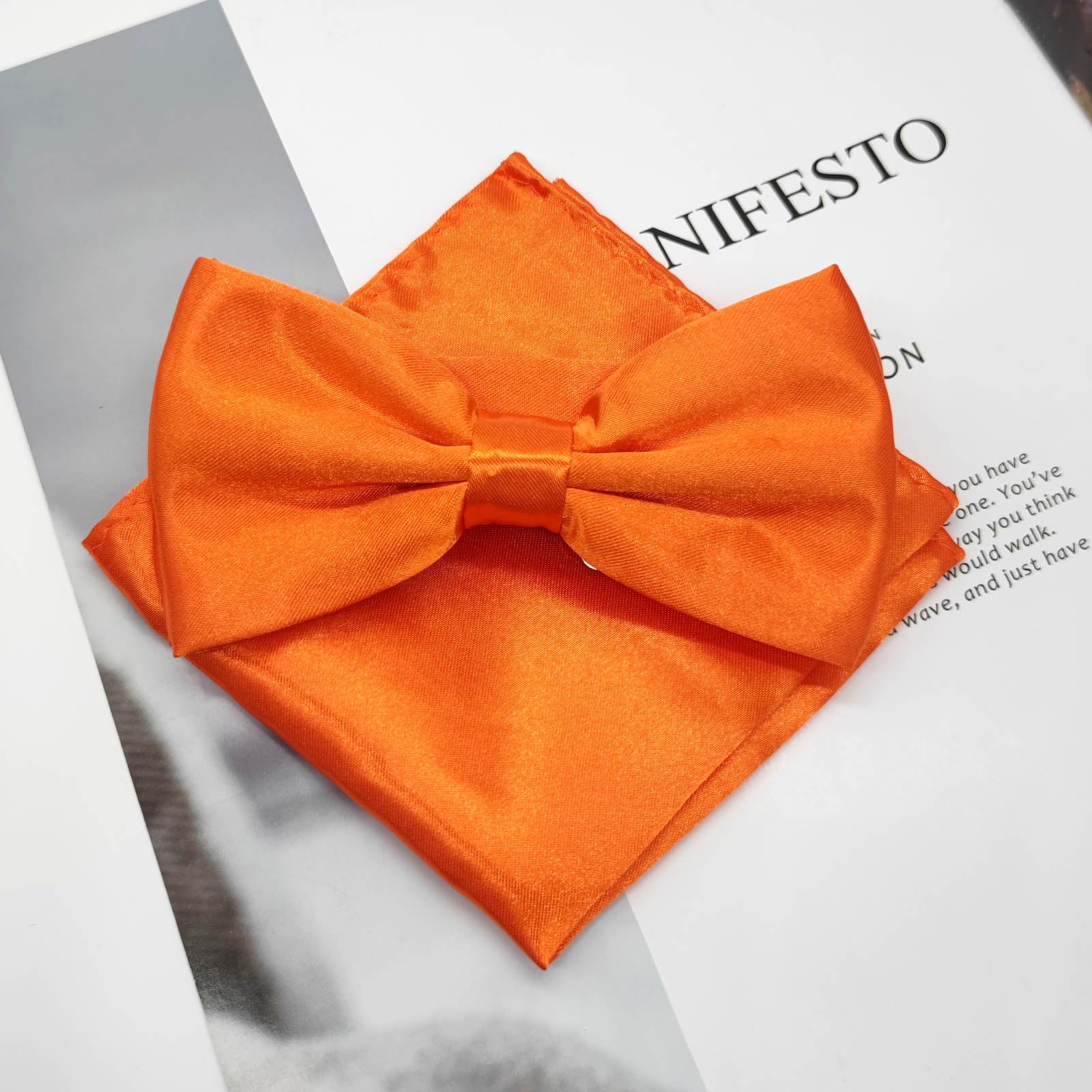 Cretty-Meet Adjustable Bowtie and Pocket Square Set Men Bowtie and Handkerchief Solid Color Double Fold Pre-Tied Bow Tie for Dinners, Weddings, Parties, Business, Proms - Orange