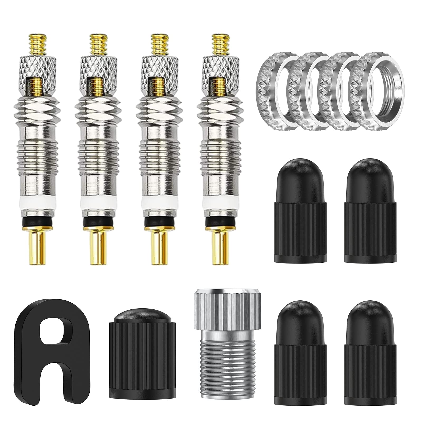 Flintronic Presta Valve Core Set, 15PCS Presta Valve Core Replacement Set Included Brass Presta Valve Adapter & Valve Core Remover Plastic Caps Rim Nuts, Valve Core Remover Tool Kit for Bicycles