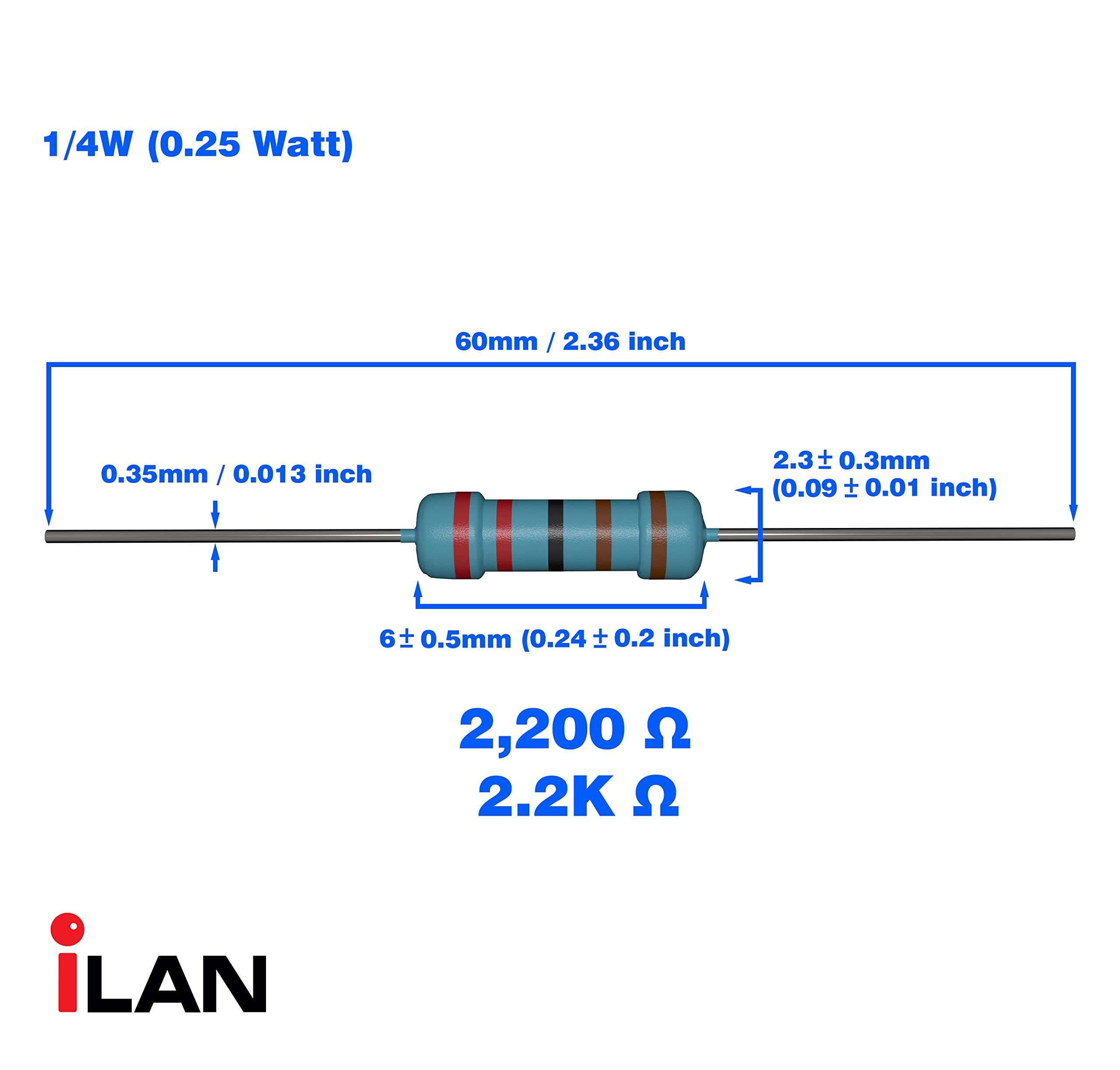 iLAN 100pcs 2.2K ohm Resistor 1/4w (0.25 Watt) ±1% Tolerance Metal Film Fixed Resistor (2.2K ohm)