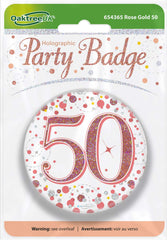OakTree 3 inches Badge 50th Birthday Sparkling Fizz Rose Gold Holographic