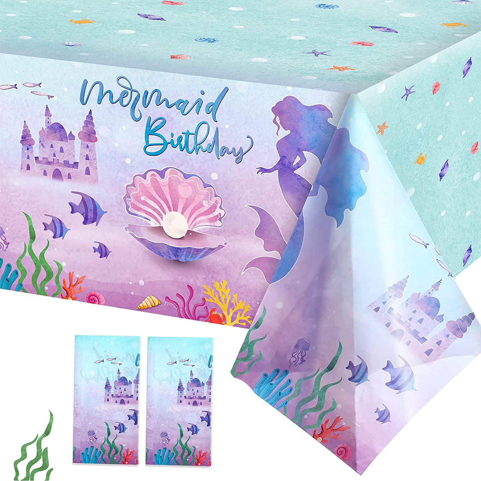 2Pack 130*220cm Mermaid Table Cloth Party Rectangular Plastic Table Cover,Mermaid TableCloth Party for Girls Birthday Parties,Mermaid Print Tablecloth for Mermaid Girls Theme Party Decorations