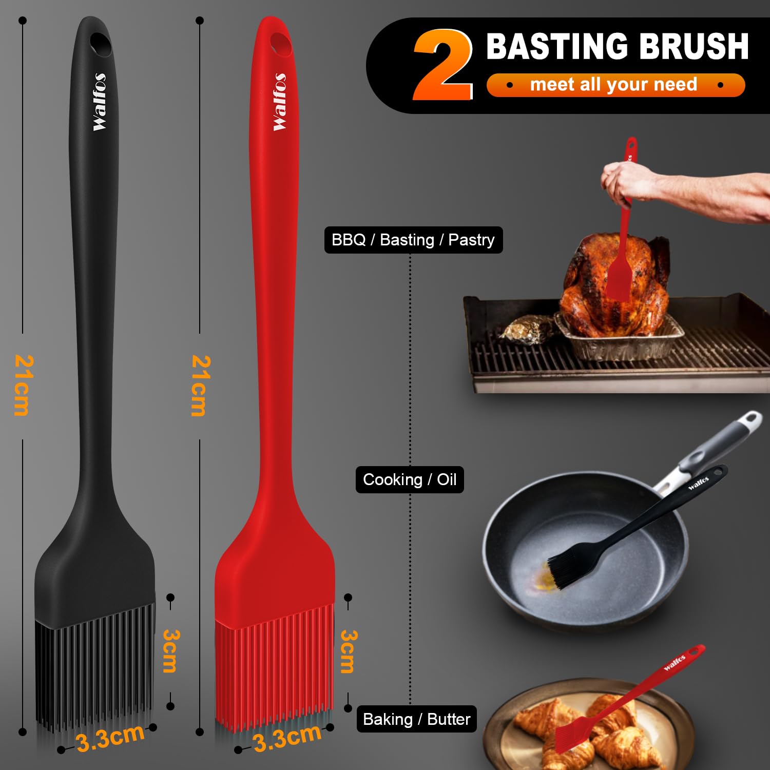 Walfos Silicone Basting Pastry Brush, 450°F Heat Resistant Pastry Brush Set, Prefect for BBQ Grill Baking Kitchen Cooking, Strong Steel Core and One-Pieces Design, BPA Free and Dishwasher safe (2 Pcs)