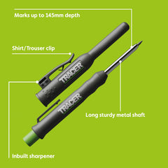 TRACER Deep Hole Construction Pencil with TRACER Site Holster (120mm, Extendable 2B Construction Pencil with Inbuilt Sharpener)