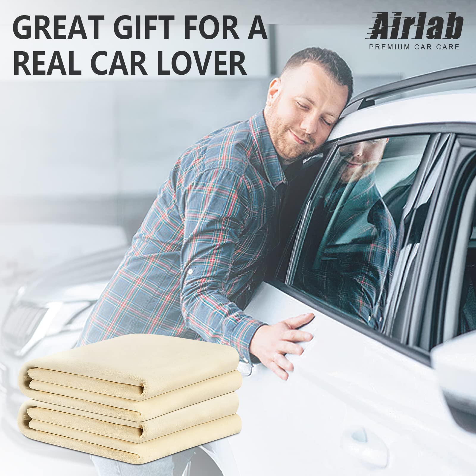 Airlab 2 Pcs Chamois Leathers for Car 60x40 cm, Large Shammy Cloth Absorbent Car Drying Towel Natural Leather Lint Free Streak Free for Auto Detailing, Glasses, Mirrors, Windows and Kitchen