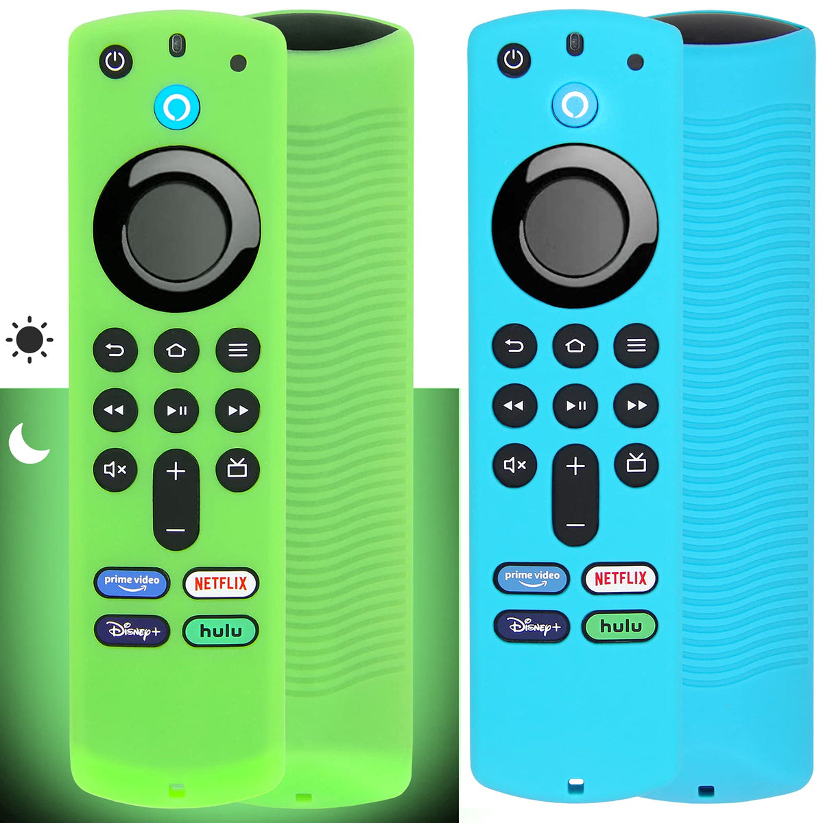 [2 Pack] Pinowu Remote Cover Compatible with Fire TV Stick 4K / 4K Max Alexa Voice Remote (3rd Gen), Anti Slip Silicone Protective Case Cover with Lanyard (Green Glow & Turquoise Not Glow)