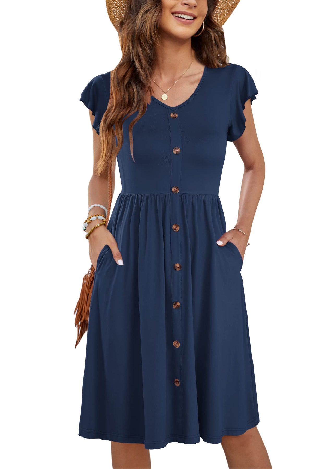 MOLERANI Women Summer Dresses Ruffle Sleeve V Neck Casual Swing Elastic Waist Midi Dress with Pockets Dark Navy Blue 2XL UK 20