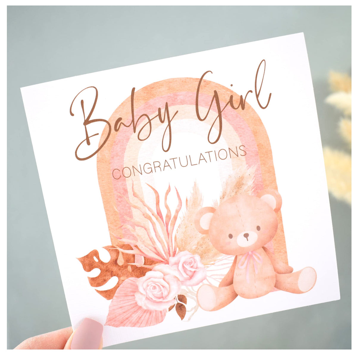 New Baby Girl Card. New Mummy Daddy Congratulations. WelCome to World Card. Neutral Dried Pampas Flowers & Rainbow Arch. Nude Pink Beige. Square Modern Greeting Card