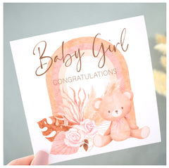 New Baby Girl Card. New Mummy Daddy Congratulations. WelCome to World Card. Neutral Dried Pampas Flowers & Rainbow Arch. Nude Pink Beige. Square Modern Greeting Card