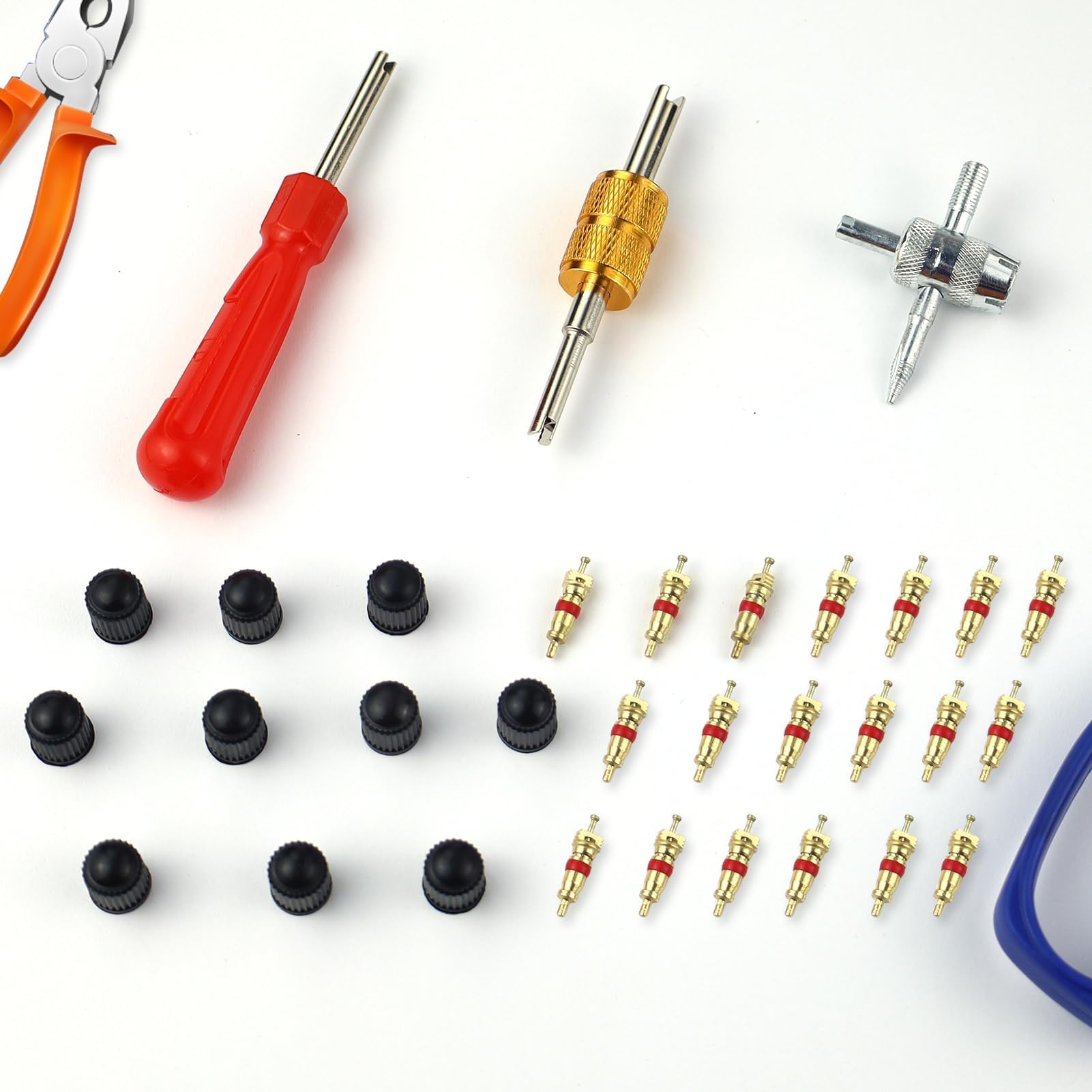 33 Pcs Car Tyre Valve Removal Tool Set   Tyre Valve Repair Kit   Dual & Single Head Valve Core Remover   4-Way Valve Tool   10 Pcs Tire Valve Caps   20Pcs Valve Cores   Fit for Car Bicycle Auto