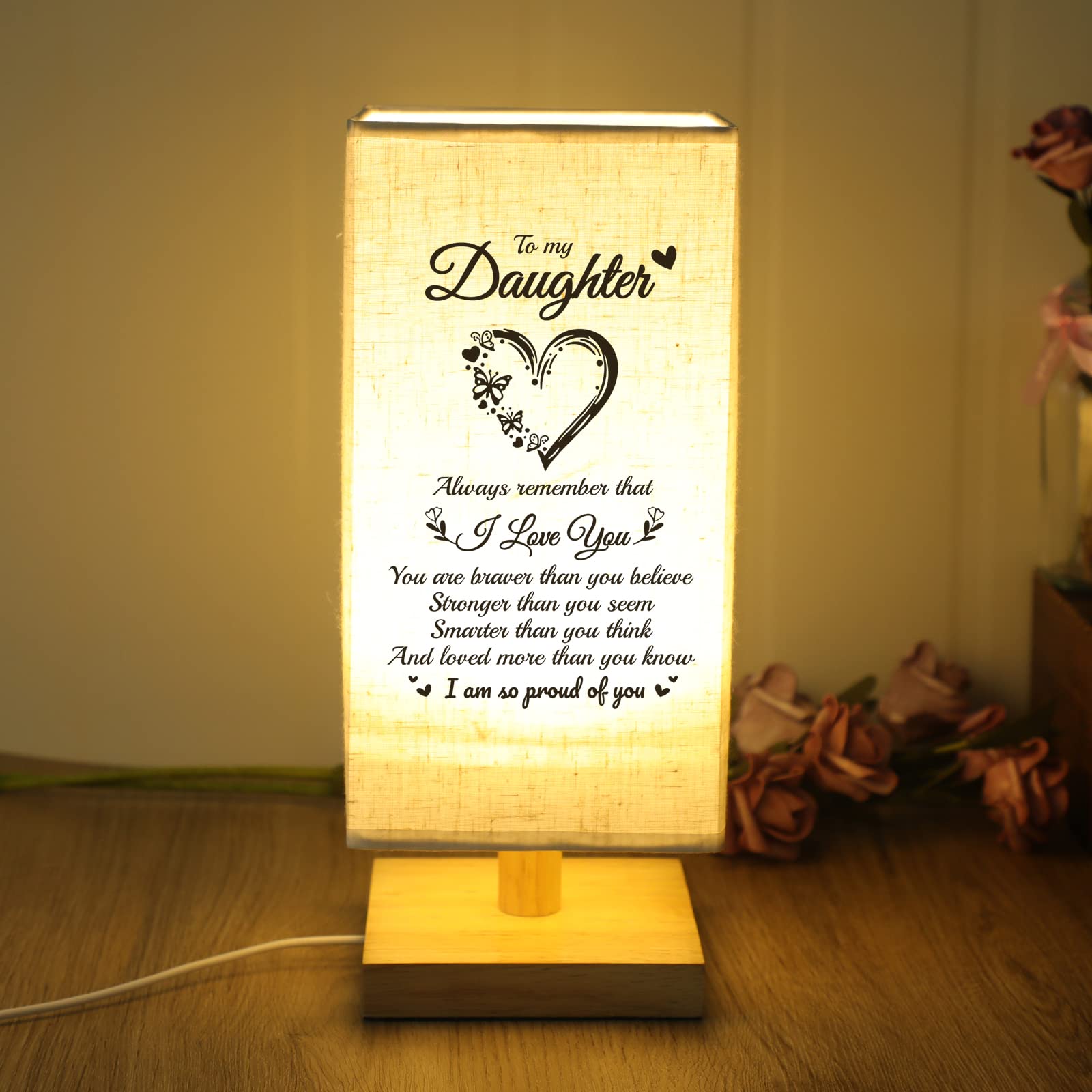 blumuze Daughter Gifts, Personalised Table Lamp Gifts for Daughter from Mum Dad, Daughter Birthday Christmas Graduation Anniversary Wedding Gifts, Fabric Wooden Desk Lamp Presents for Daughter