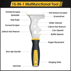 suokoun Scraper Tool, Stainless Steel 13-in-1 Painters Tool, Professional Multi Paint Stripper Tool Includes Paint Roller, Straight Scraper, Curved Scraper and More