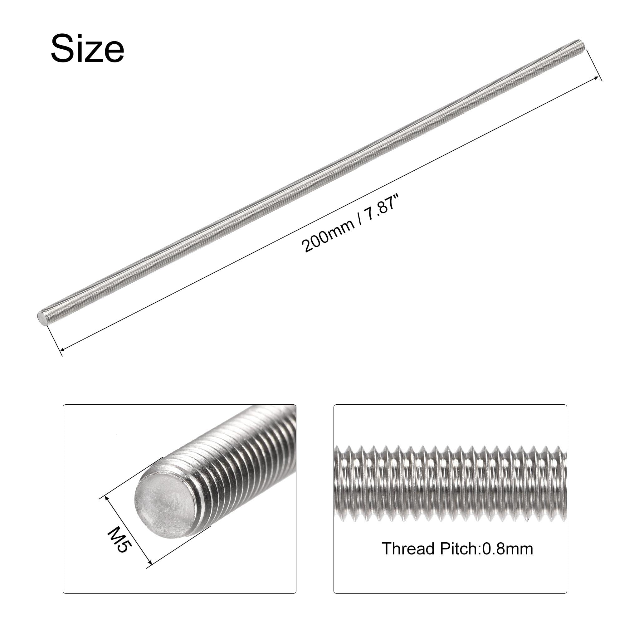 sourcing map 4Pcs M5 x 200mm Fully Threaded Rod 304 Stainless Steel Right Hand Threads