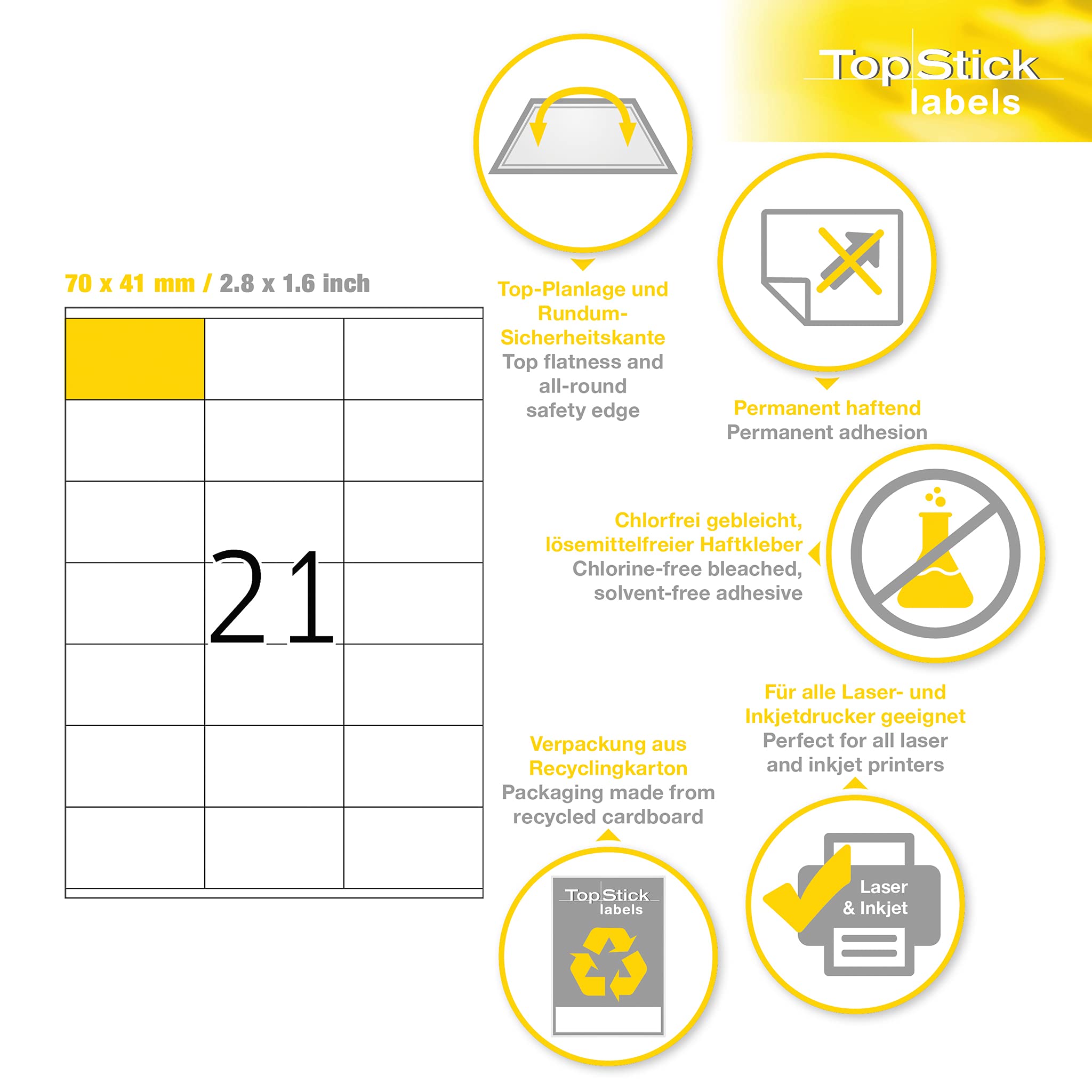 TopStick Self Adhesive Address Labels, 21 Labels per A4 Sheet, 100 Sheets, 70 x 41 mm, 2100 Labels, Blank Mailing Labels Stickers, Sticky Labels for Laser & Inkjet Printer, White