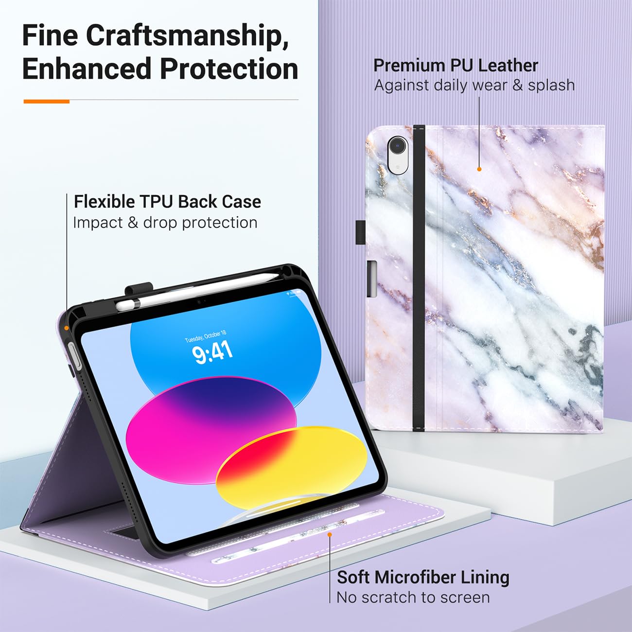 MoKo for iPad 10th Generation Case iPad 10.9 Inch Case 2022 with Pencil Holder, Multi-Angle Viewing iPad Case 10th Generation with Soft TPU Back Hand Strap for iPad 10th Gen 2022, Purple Marble