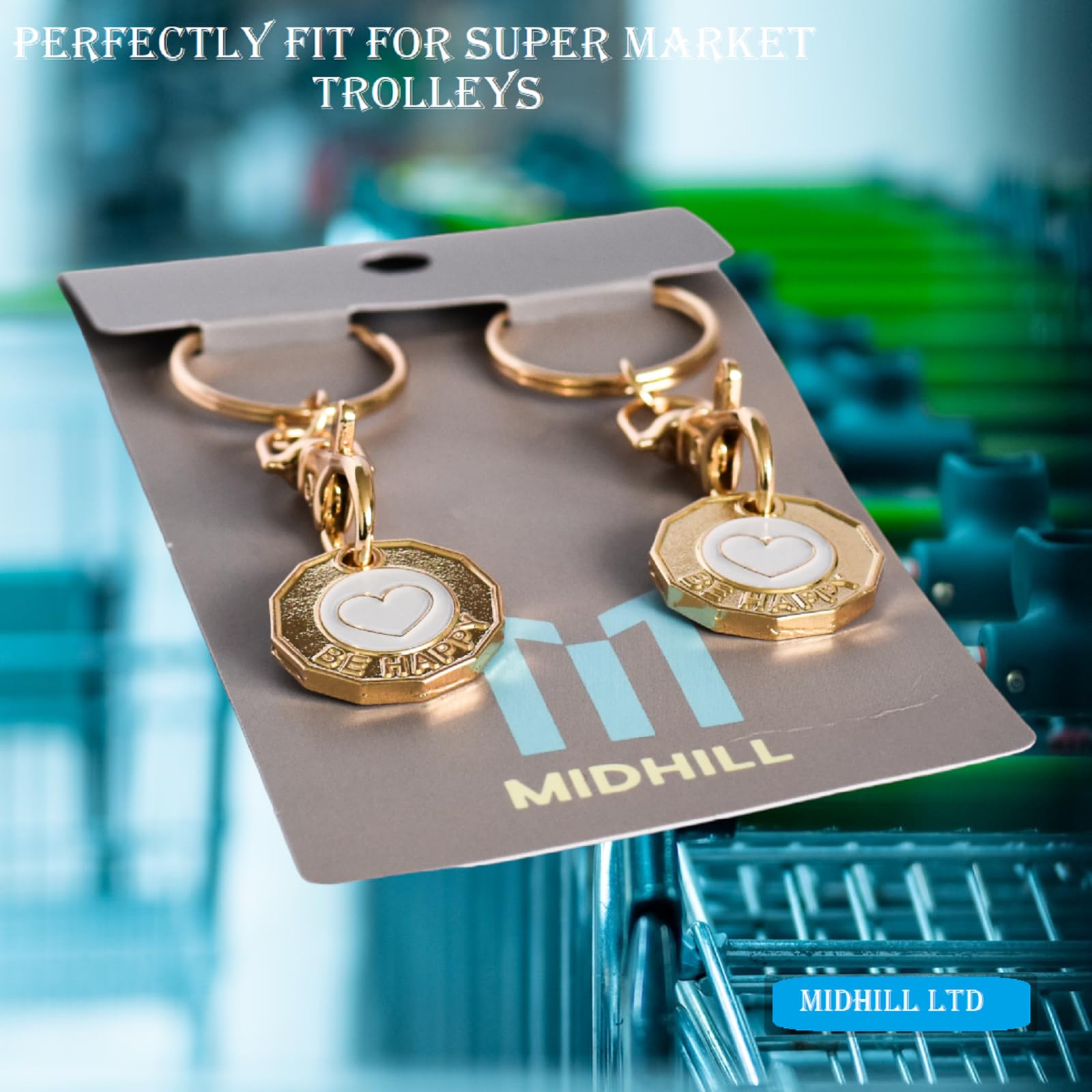 MIDHILL® PREMIUM 2Pk TROLLEY COIN KEY RING UK SET Shopping Trolley Token Keyrings   Trolley Tokens for Supermarket   New Pound UK Coin   Locker Coin