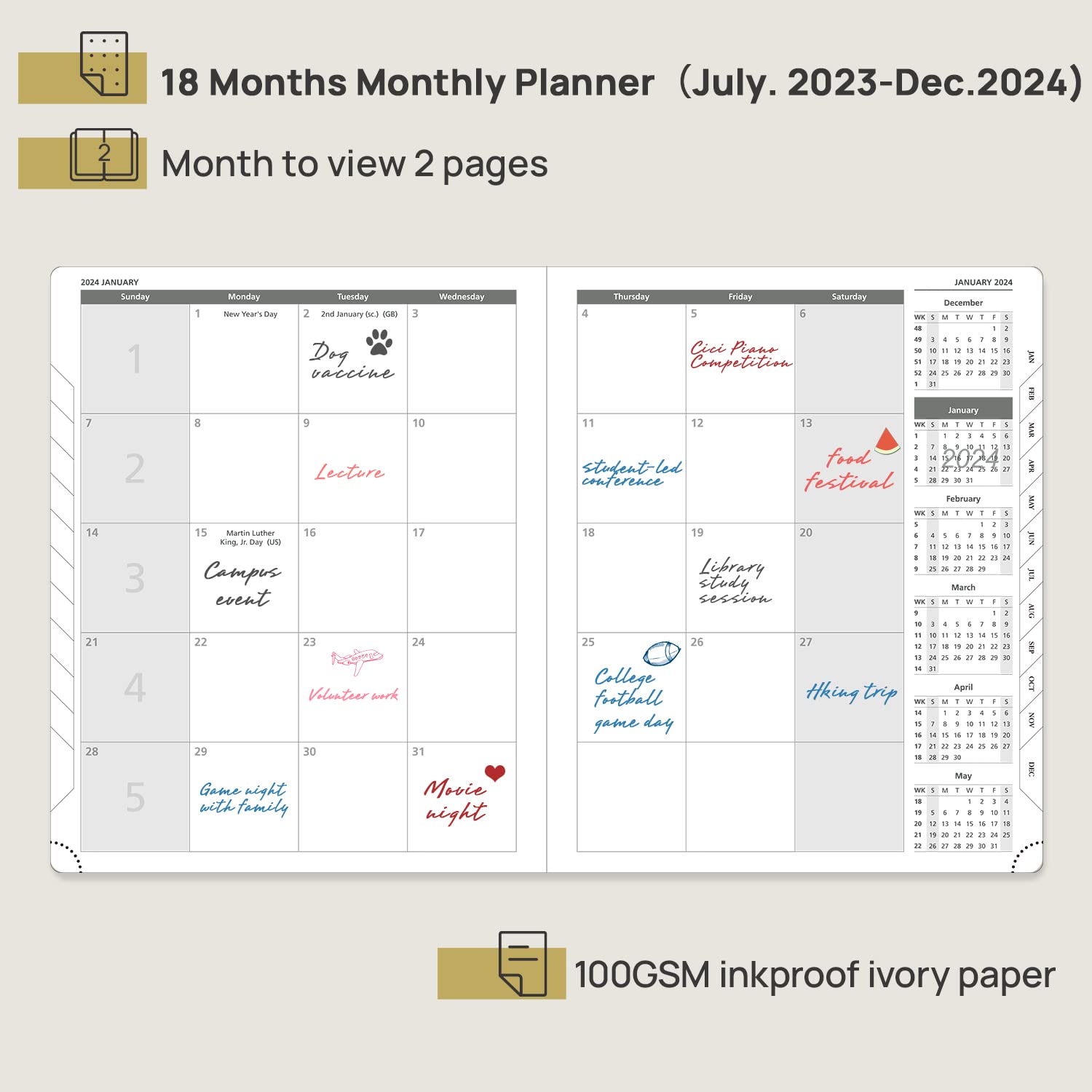 POPRUN Month to View Diary 2024-2025 26.5x21.5cm (18-Month: Jan'24 - Jun'25) Monthly Planner with Tabs, 100 GSM Ivory Paper, PU Leather Softcover, Sunday Start (Black)