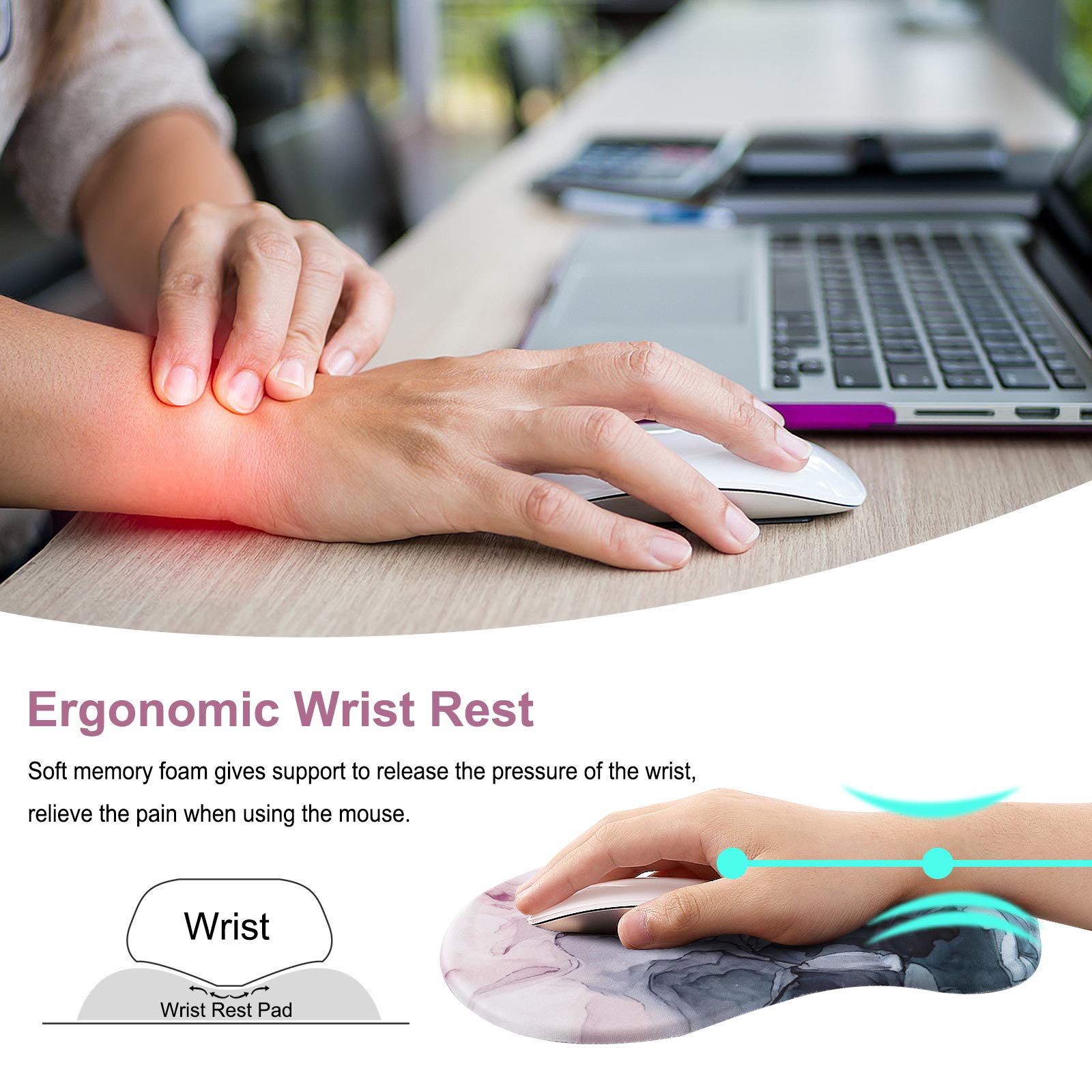 HAOCOO Mouse Mat Wrist Rest Wrist Support Mouse Pad Non-Slip Rubber Base Pain Relief for Laptop Computer Home Office Working Gaming