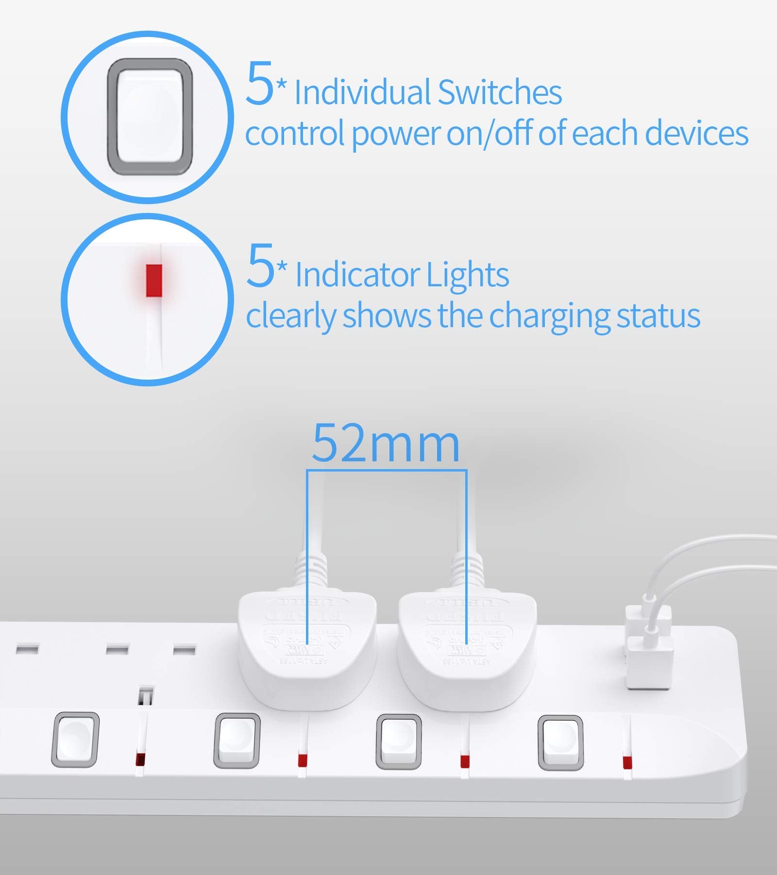 PIBEEX Extension Lead with 4 Way Plug Sockets, 13A, Individual Switches, 2 USB Ports, 2M Extension Cord, 3250W Power Strips for Mounting