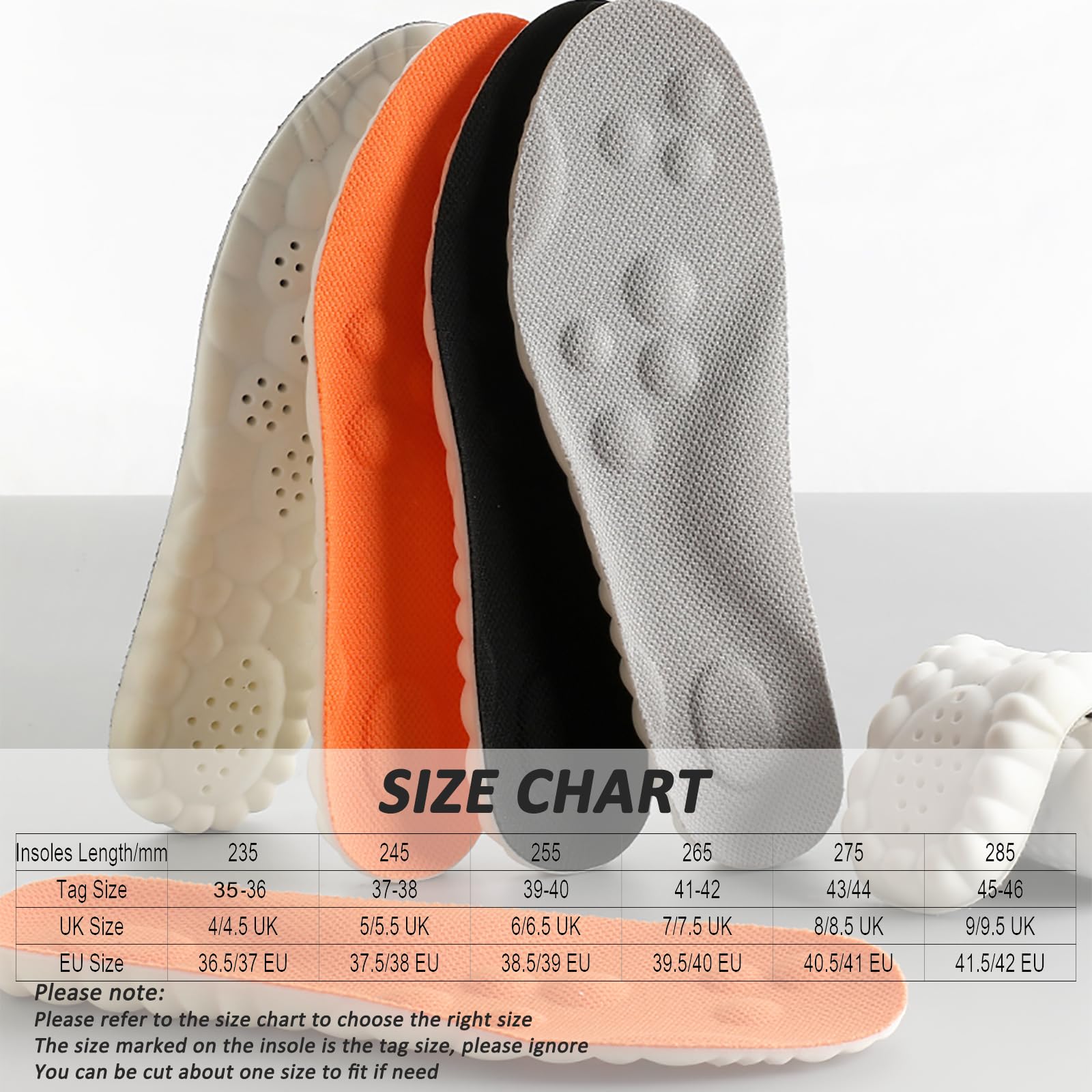 Memory Foam Insoles with Arch Support for Women Men, Comfort Massage Insoles Replacement Shoe Inserts for Trainers Sneakers Sports Shoes Work Boots and Walking Shoes (5/5.5UK, Orange)