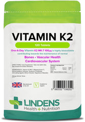 Lindens Vitamin K2 100mcg Tablets - 120 Pack Vegan and Vegetarian Tablets (not Capsules) - Menaquinon MK-7 - Supports Maintenance of Normal Bones - 133% NRV - UK Manufacturer, Letterbox Friendly