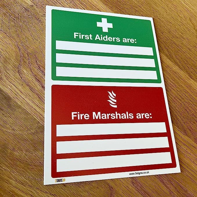 Promote First Aid and Fire Safety with First Aiders Are Fire Marshals Are Sign - A5 1mm Rigid Plastic - Ensure Emergency Safety in Your Workplace (Pack of 3: A5-210 x 148mm)