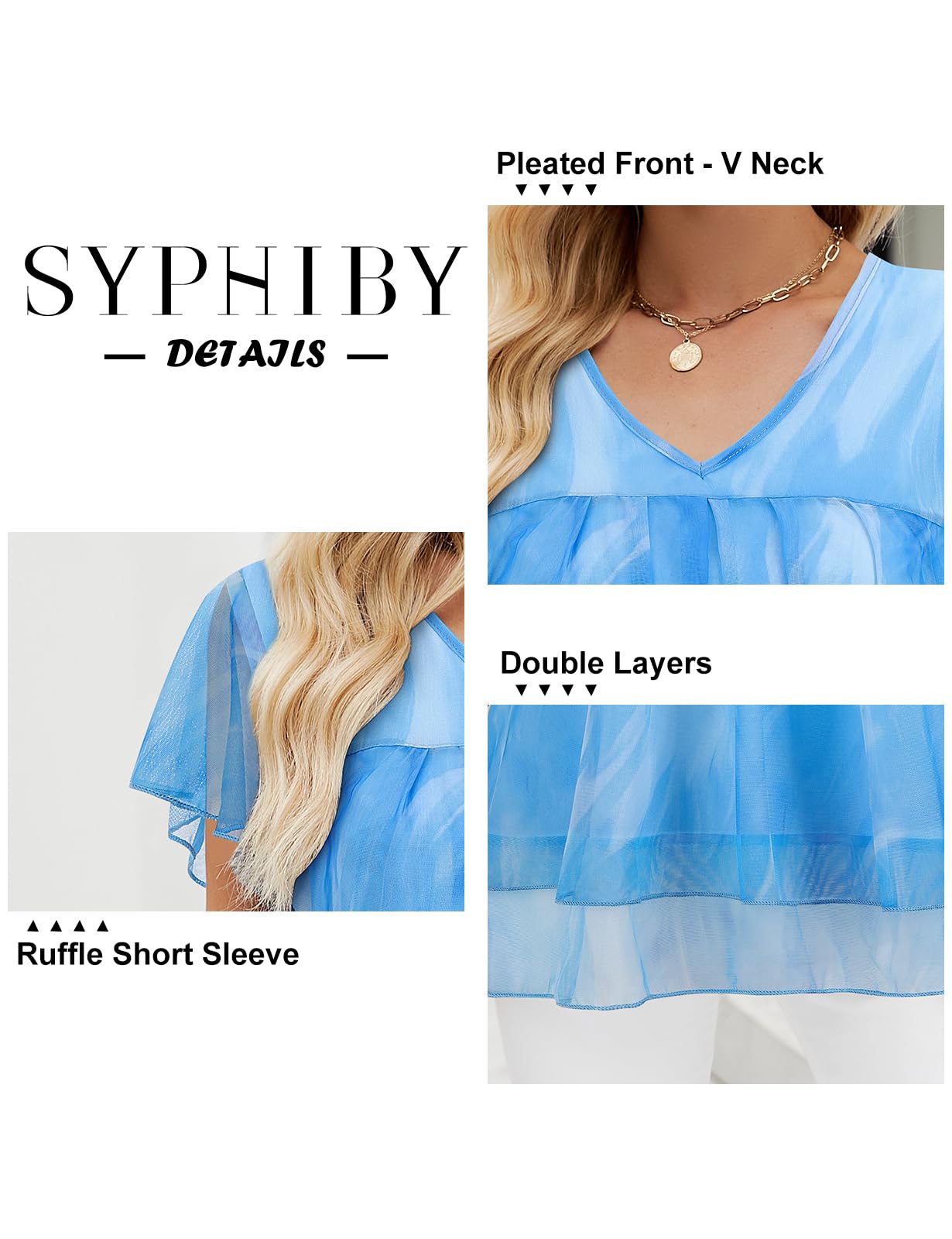 Syphiby Dressy Tops for Women, Ruffle Short Sleeve Summer T Shirts Ladies Casual Tops Blouses for Women UK Flowy Loose Fit T Shirts Double Layered Mesh Summer Vacation Tops, Blue-Medium