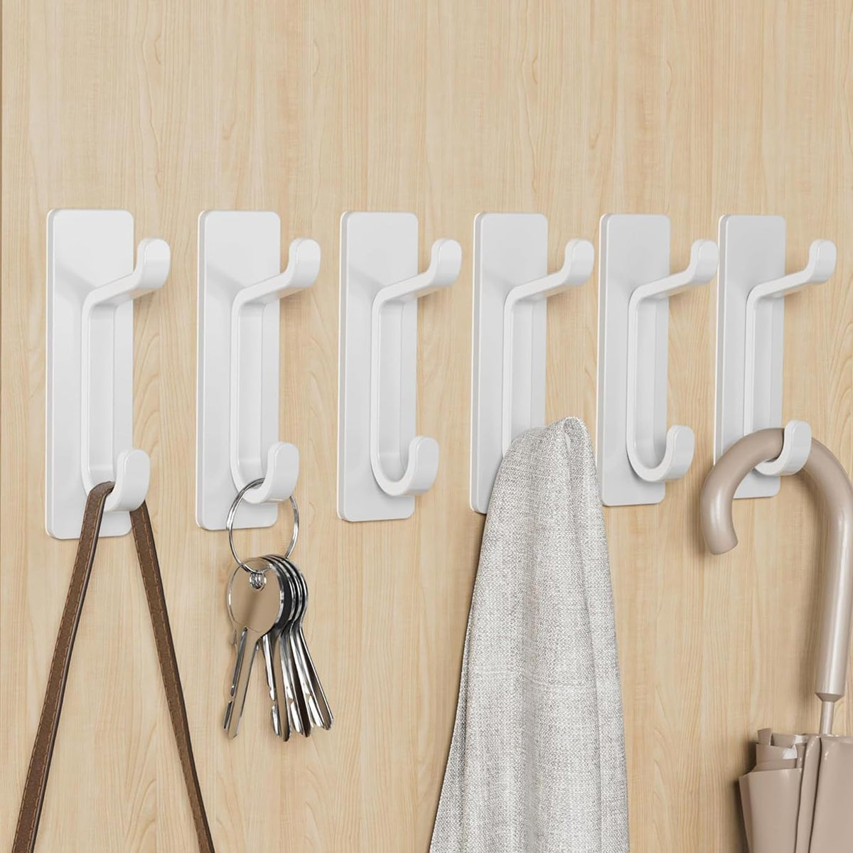 Stick on Hooks for Hanging - Extra Sticky 6KG (Max), Coat Hook on Door for Towel Coat Hat Key, Metal Stainless Heavy Duty, Self Adhesive Hangers Wall Mounted for Bathroom Shower Kitchen, White, 6 Pack