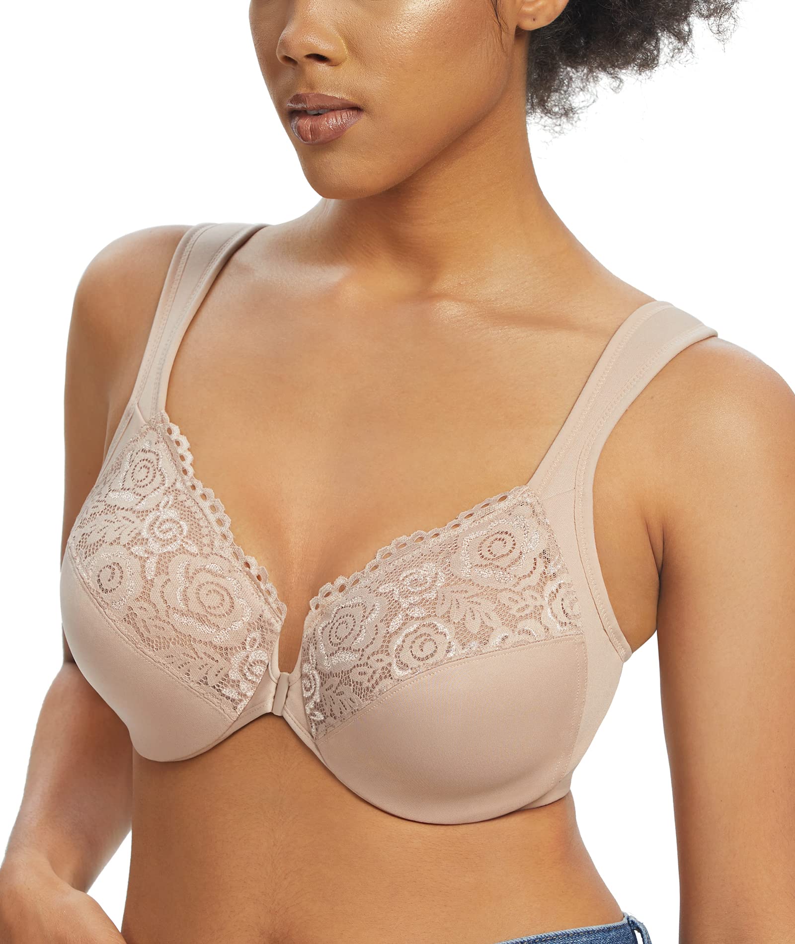 Lemorosy Wide Strap Front Closure Bra Lace Full Figure Underwire(Beige Wide Strap,42C)