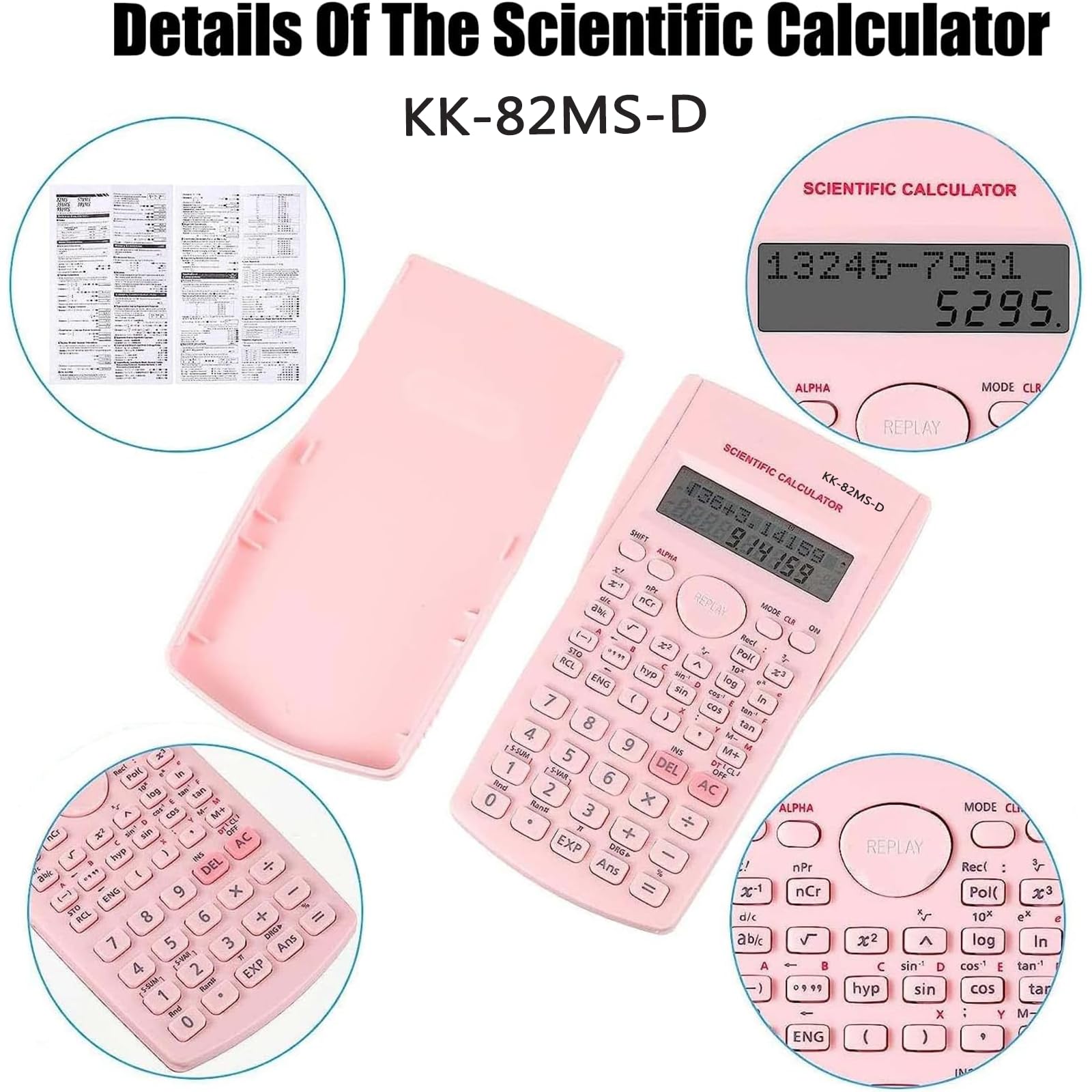 KK-82MS-D Portable Scientific Calculator Engineering Scientific Functional Calculator with 240 Functions Two-Line Display for Back to School Supplies Students Teachers Business Office Home(Pink)