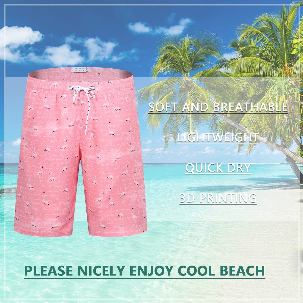 iCKER Mens Swim Shorts Swimming Trunks 3D Print Beach Shorts Boardshorts for Summer Pink Flamingo