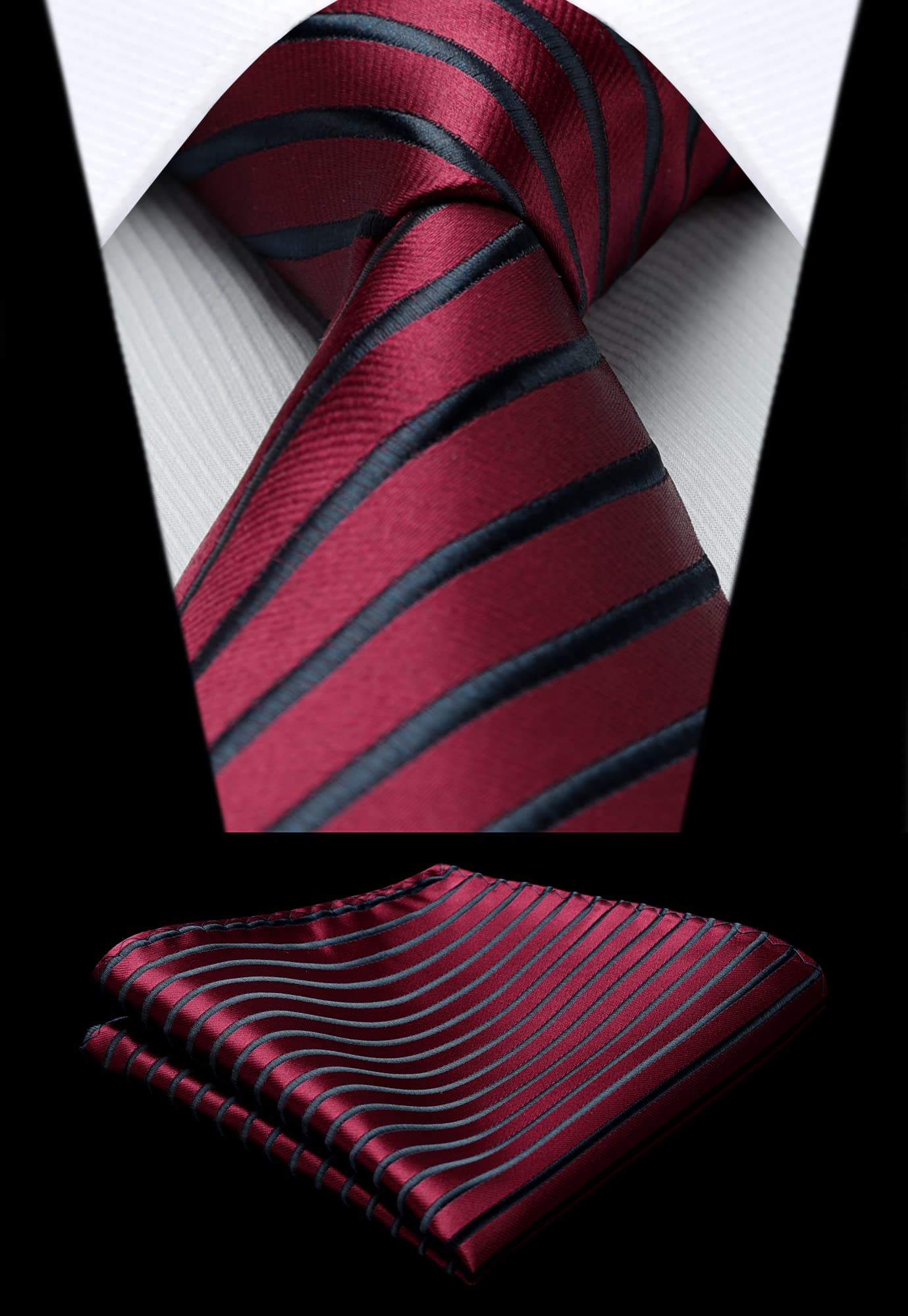 HISDERN Men's Ties Black & Burgundy Tie and Pocket Square Set Striped Formal Classic Elegant Necktie & Handkerchief for Business Wedding Party