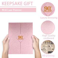 back in 1934 UK Poster 90th Birthday Gifts for Women, Happy 90th Birthday Decoration Supplies Card for her 90 Years Old Mum Aunt Friends, Folded,Pink