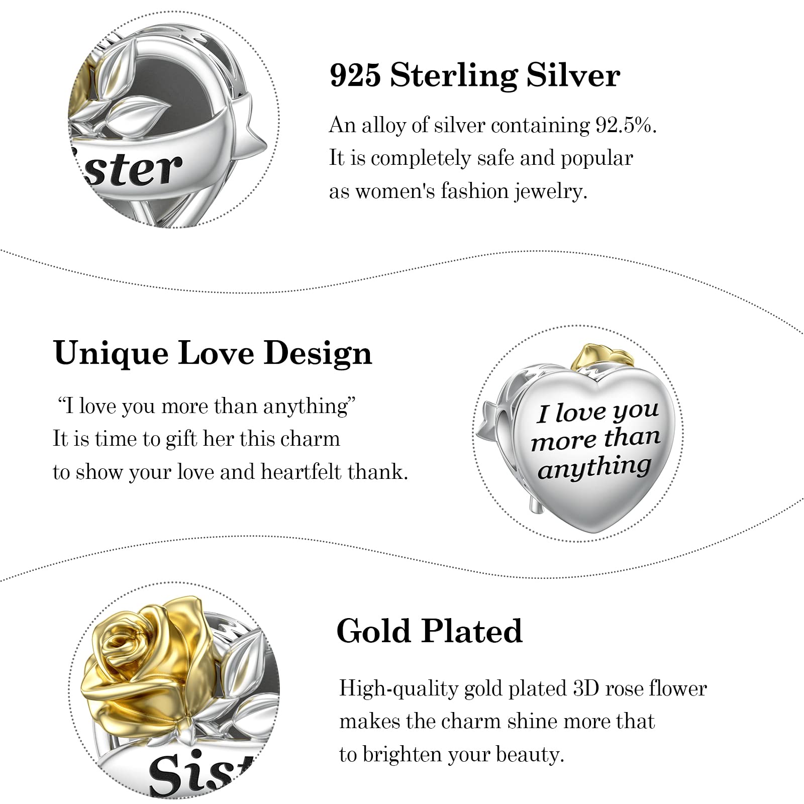 LANBEIDE Sister Charms for Pandora, 925 Sterling Silver Love Heart Beads Charms with Gold Rose for Bracelet Necklace Birthday Gifts for Women