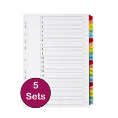 [5 Pack] A4 File Dividers 20 Part Numbered 1-20   A4 Subject Dividers 20 Part Numbered 1-20 with Multipunched Reinforced Colour Tabs 150gsm